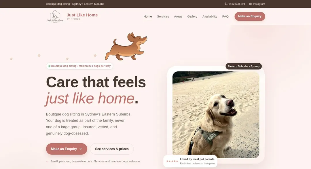 Just Like Home by Nicole, a dog sitting business in Sydney's Eastern Suburbs, homepage designed by Elsio