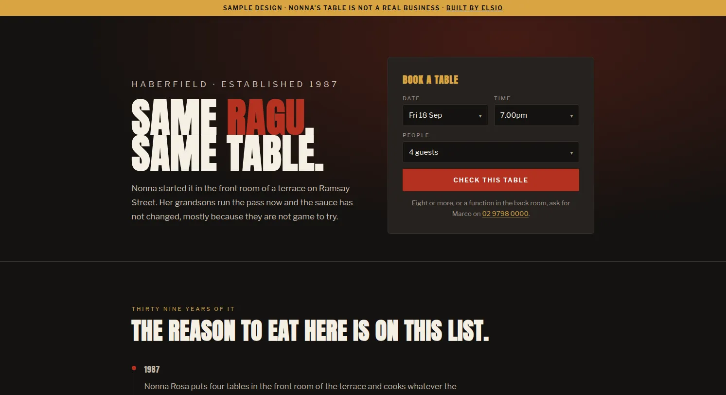 Nonna's Table, a concept trattoria website by Elsio with the booking form in the first screen
