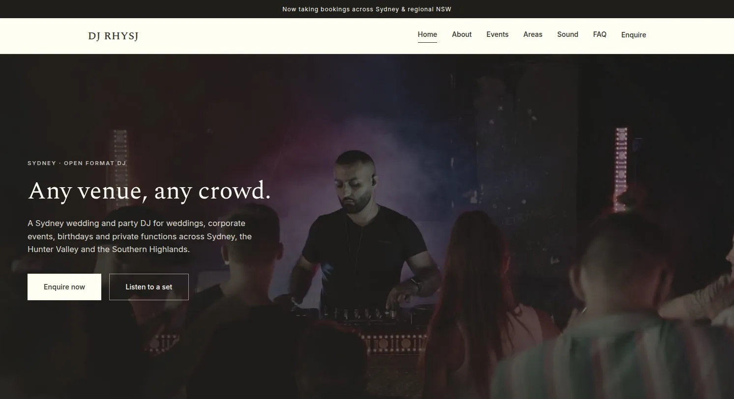 DJ Rhys J website with music playing on the page, designed by Elsio
