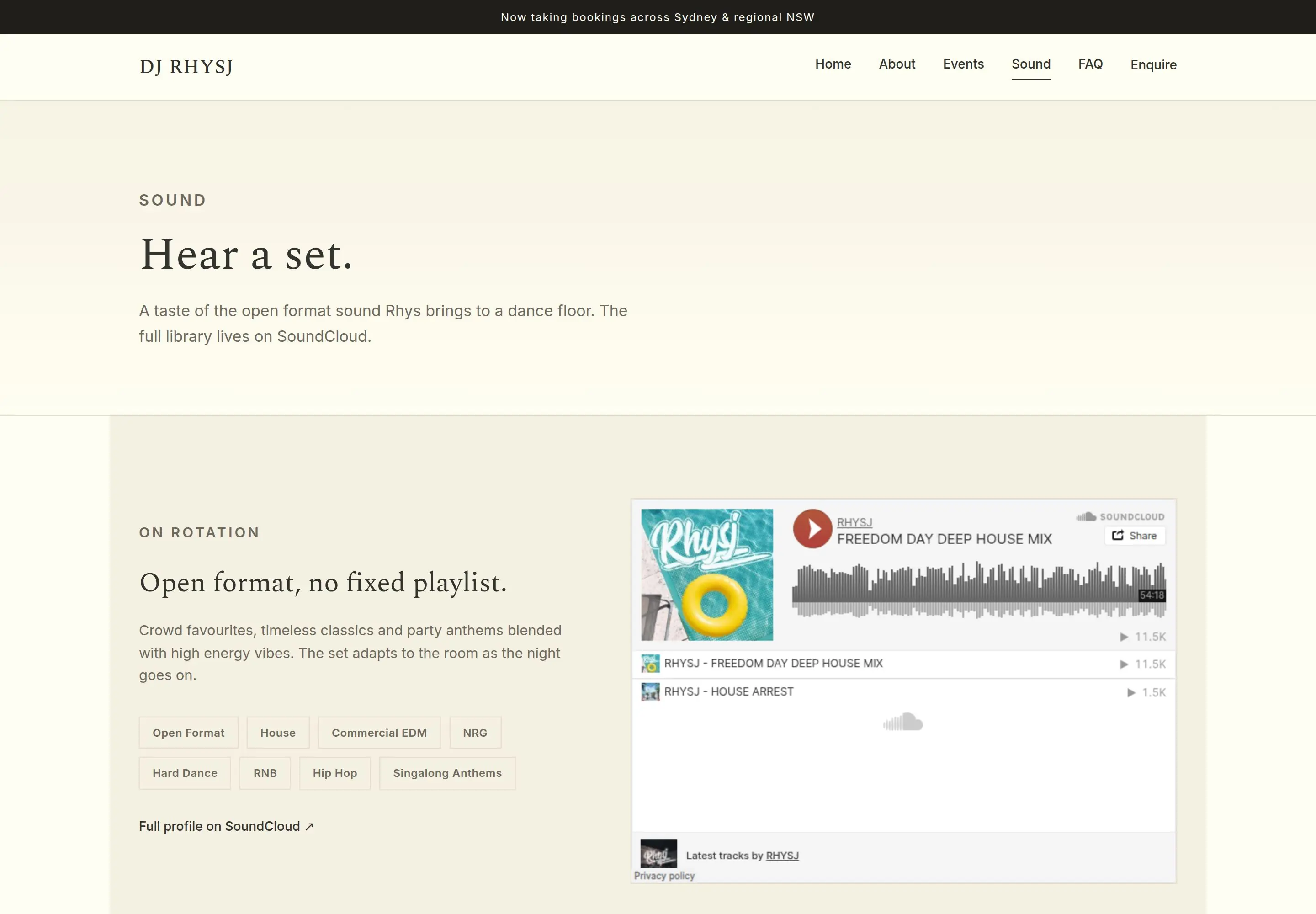 The Sound page on djrhysj.com with a set playing