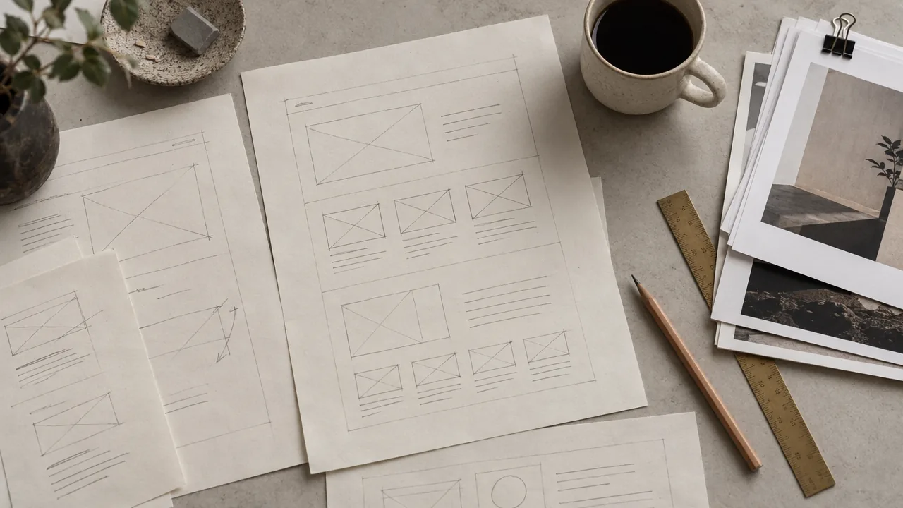Wireframe sketches, a pencil and coffee on a desk