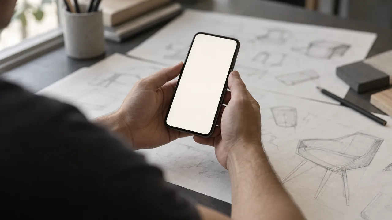 Hands holding a phone over paper sketches