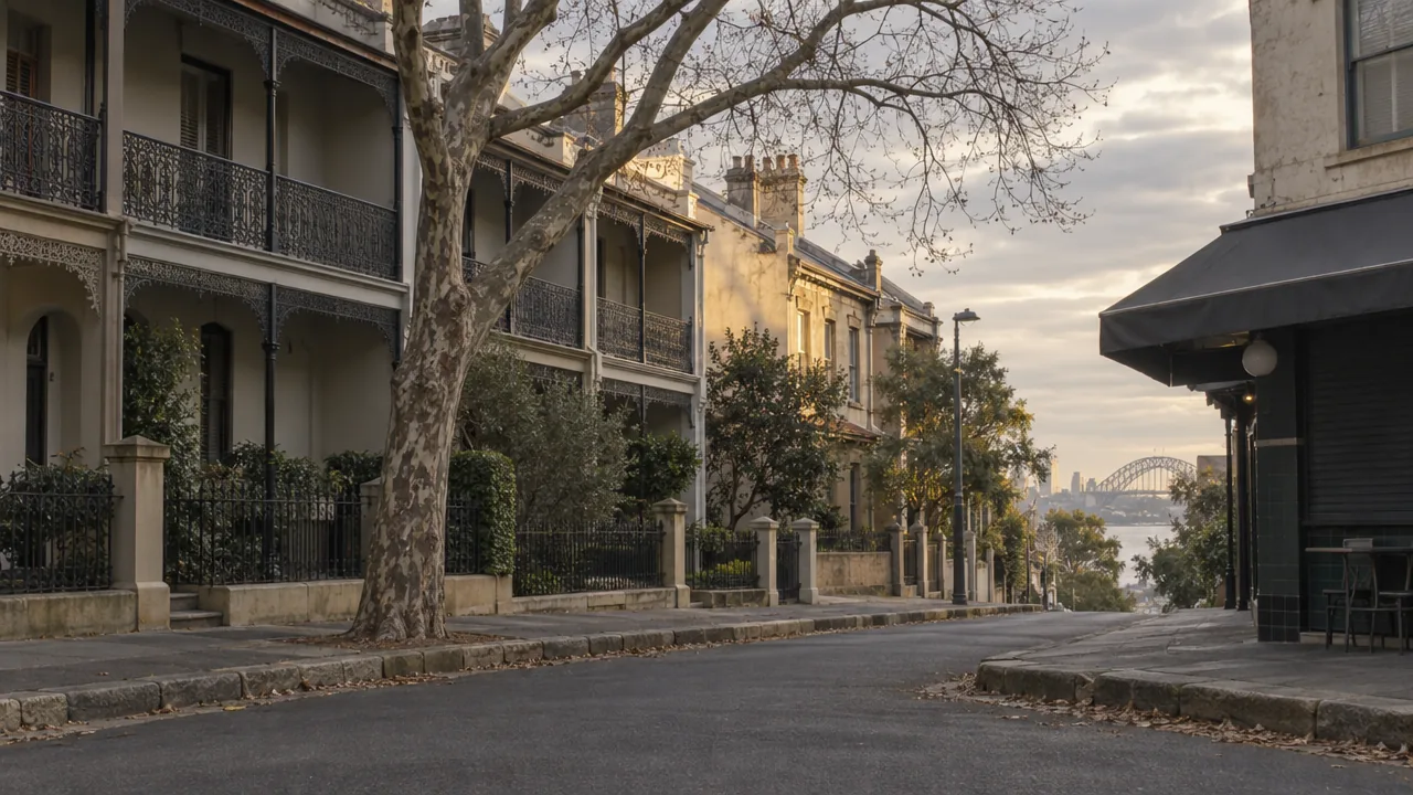 A row of terrace houses on a quiet Sydney street in the morning