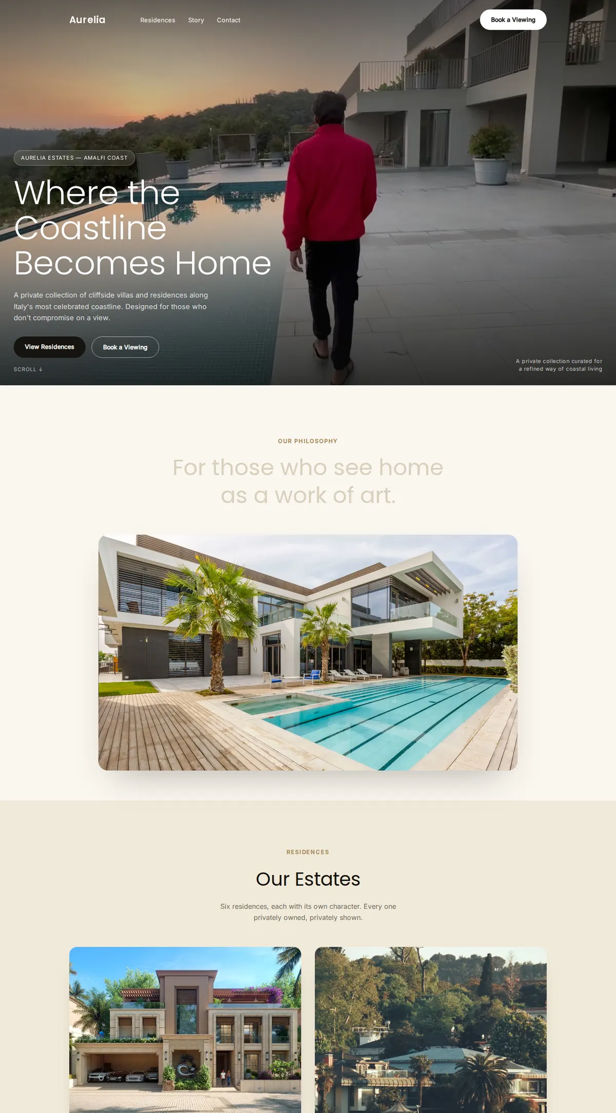 The Aurelia Estates homepage, scrolling