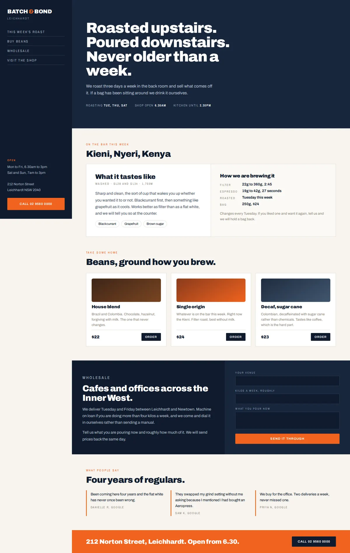 The Batch and Bond homepage, scrolling