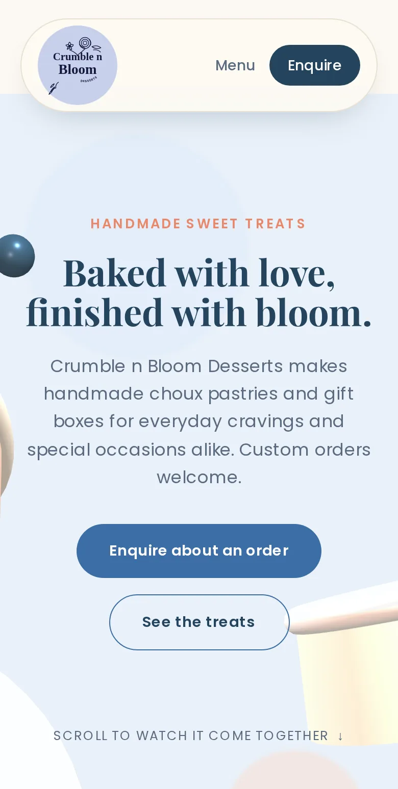 The Crumble n Bloom Desserts site on a phone