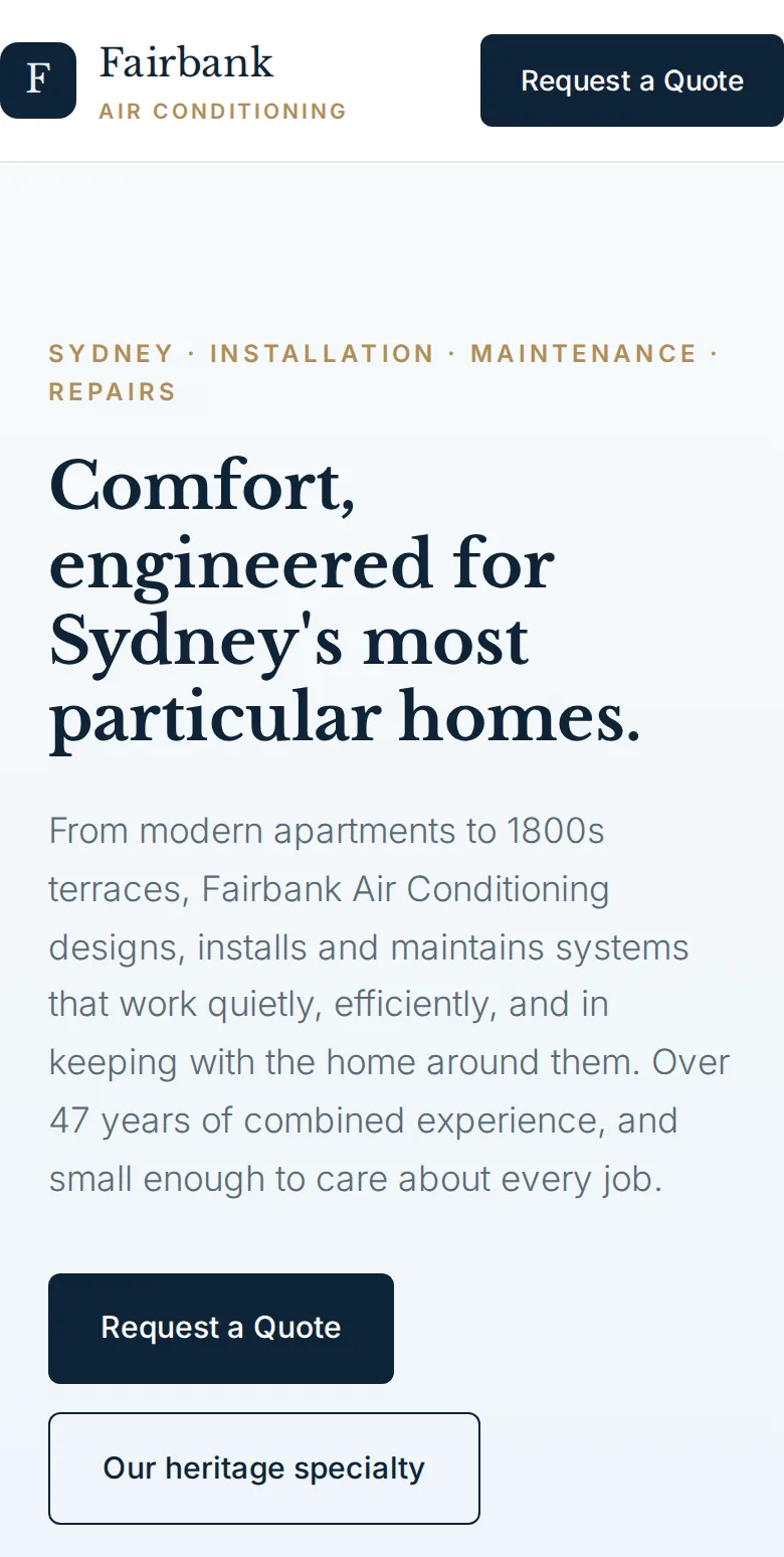 The Fairbank Air Conditioning site on a phone