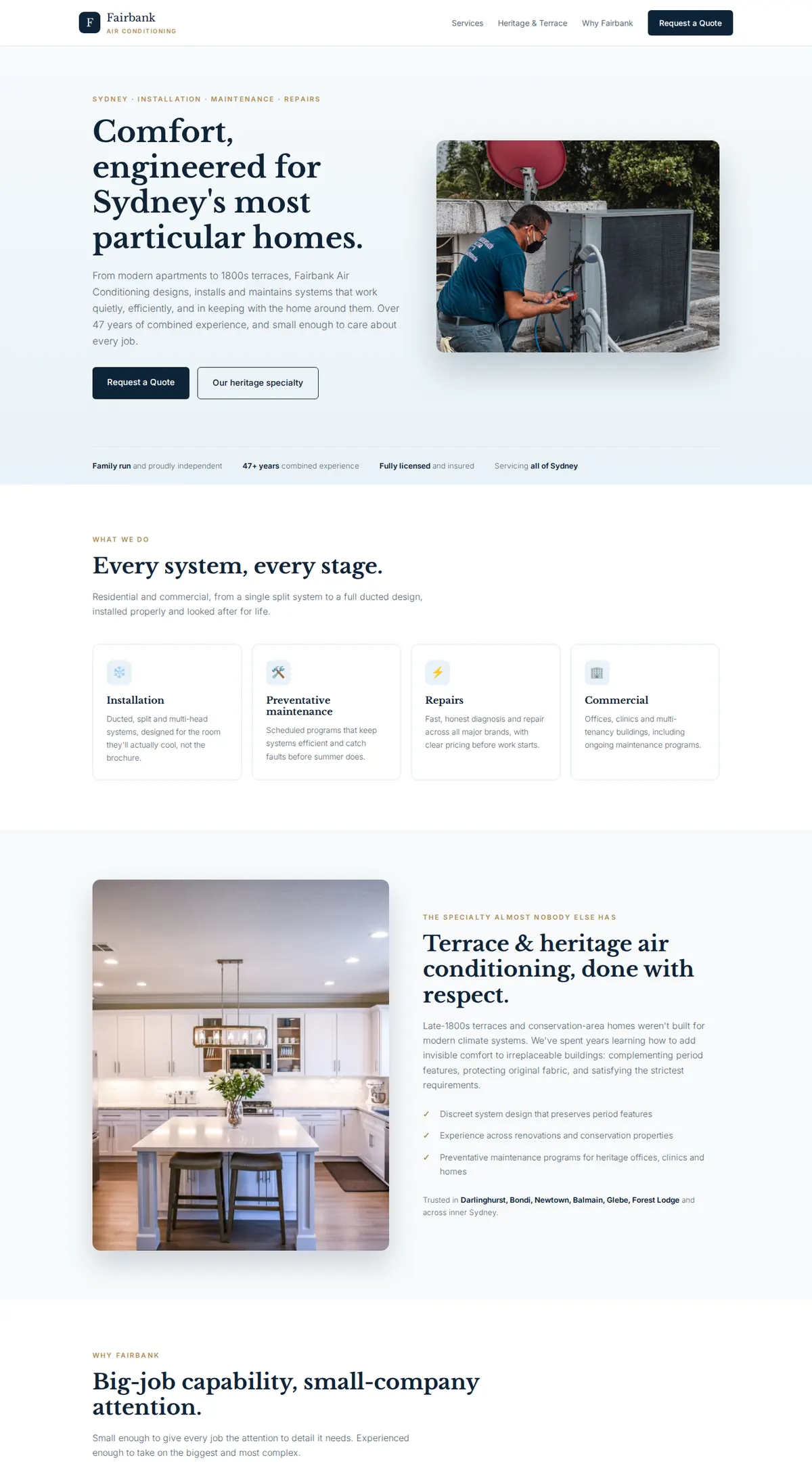 The Fairbank Air Conditioning homepage, scrolling