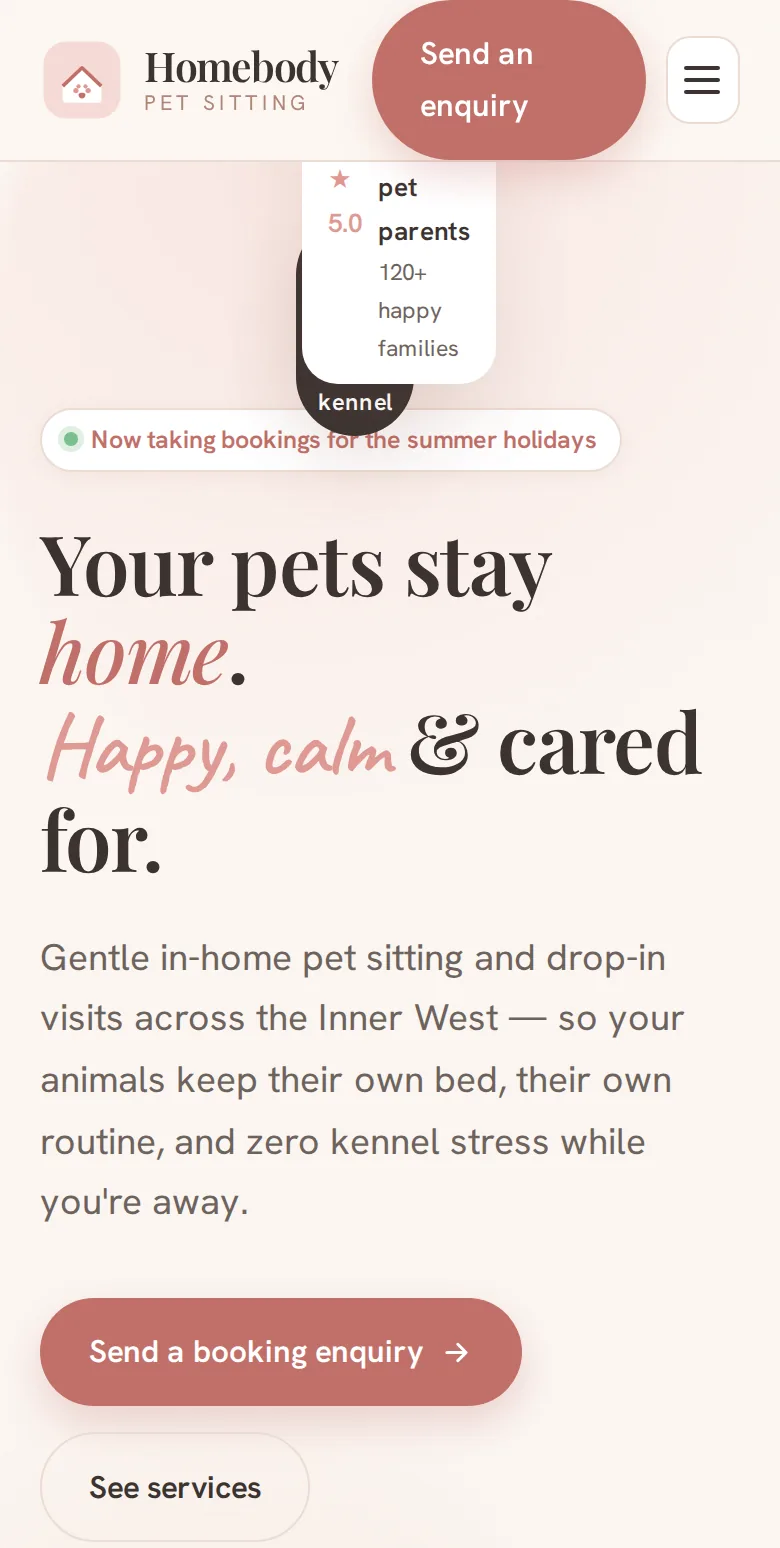 The Homebody Pet Sitting site on a phone