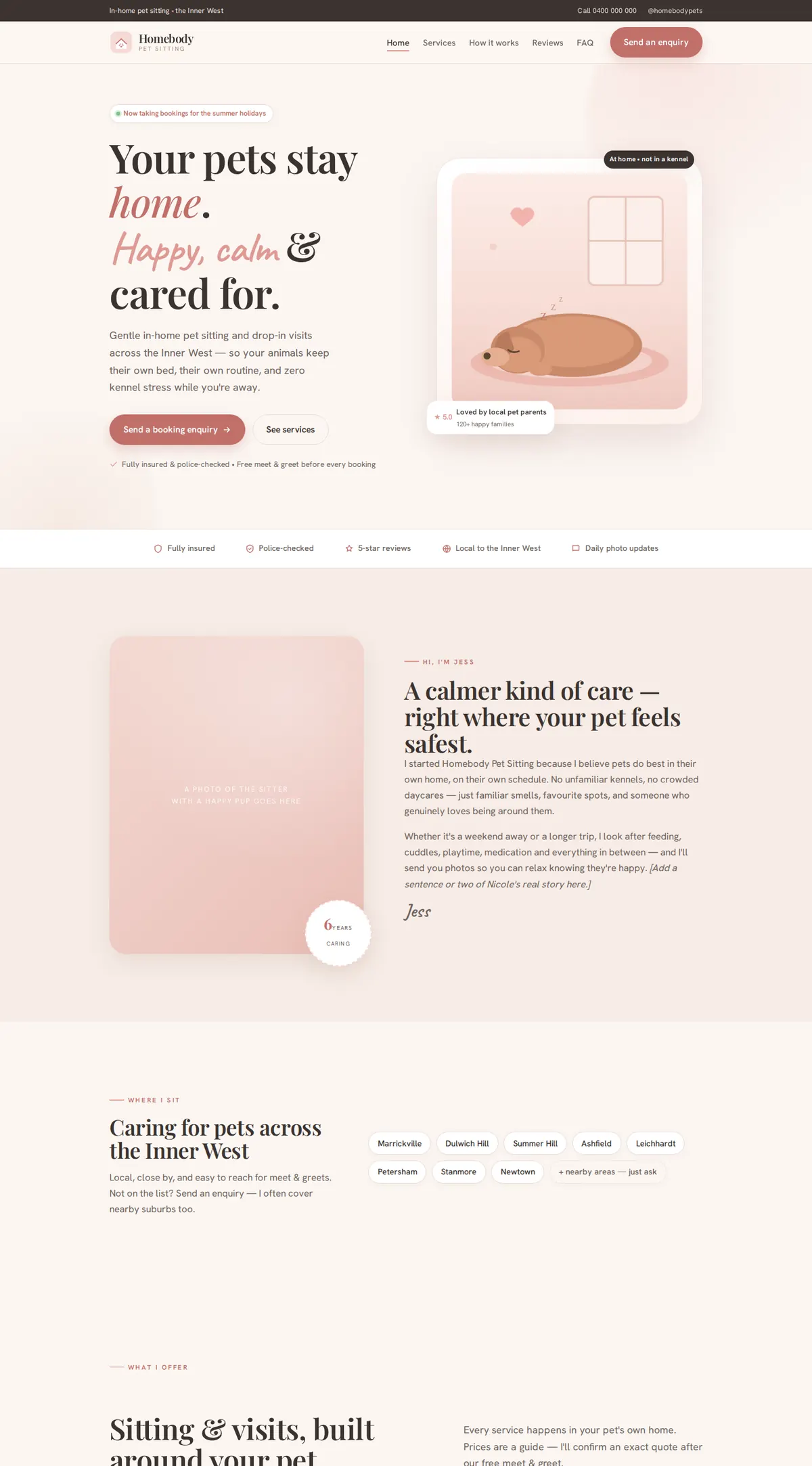 The Homebody Pet Sitting homepage, scrolling