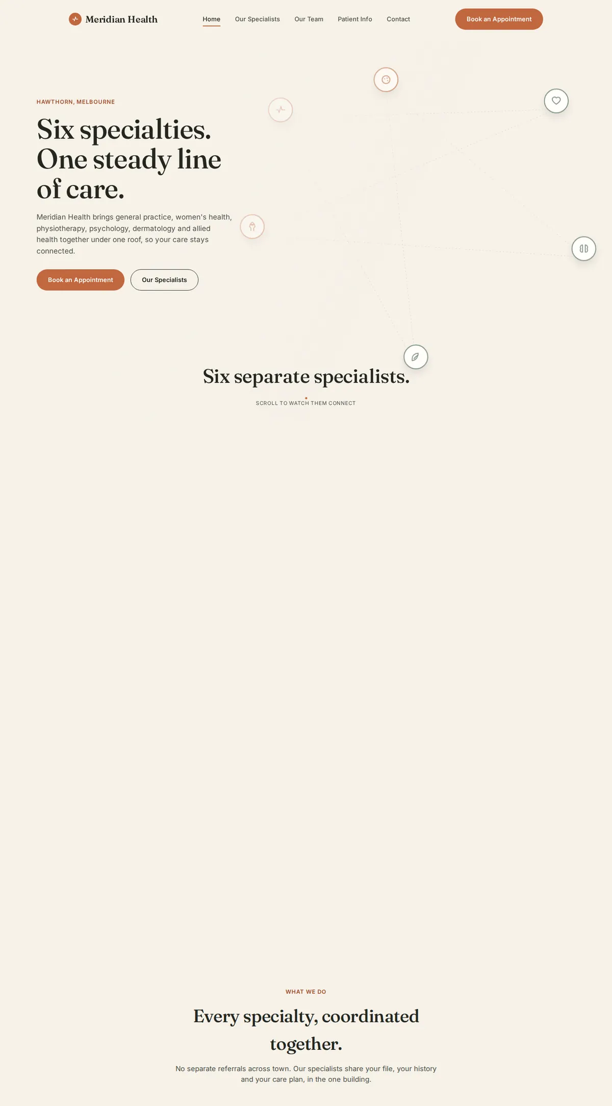 The Meridian Health homepage, scrolling
