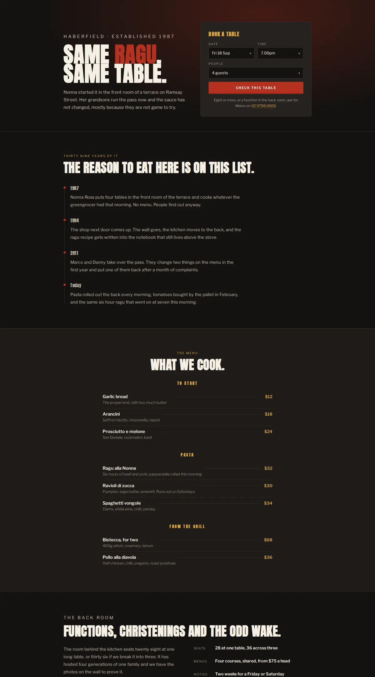 The Nonna's Table homepage, scrolling