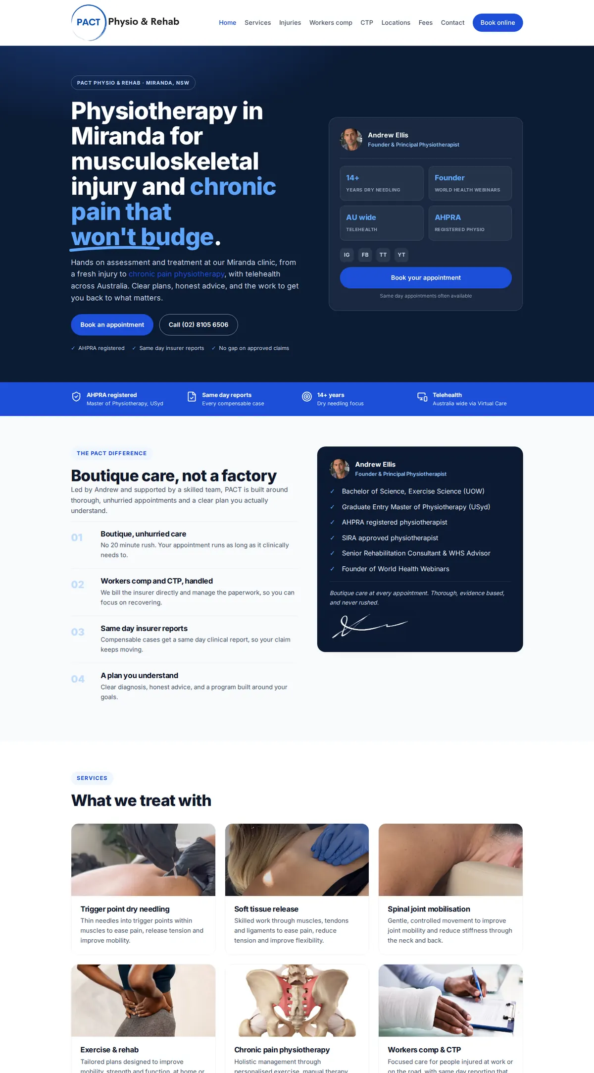The PACT Physio and Rehab homepage, scrolling