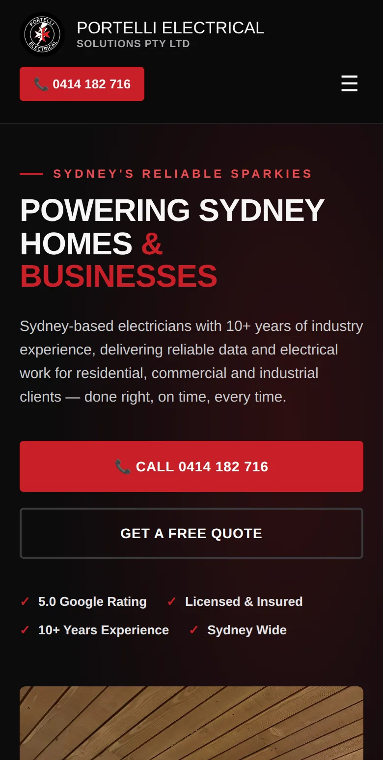 The Portelli Electrical Solutions site on a phone