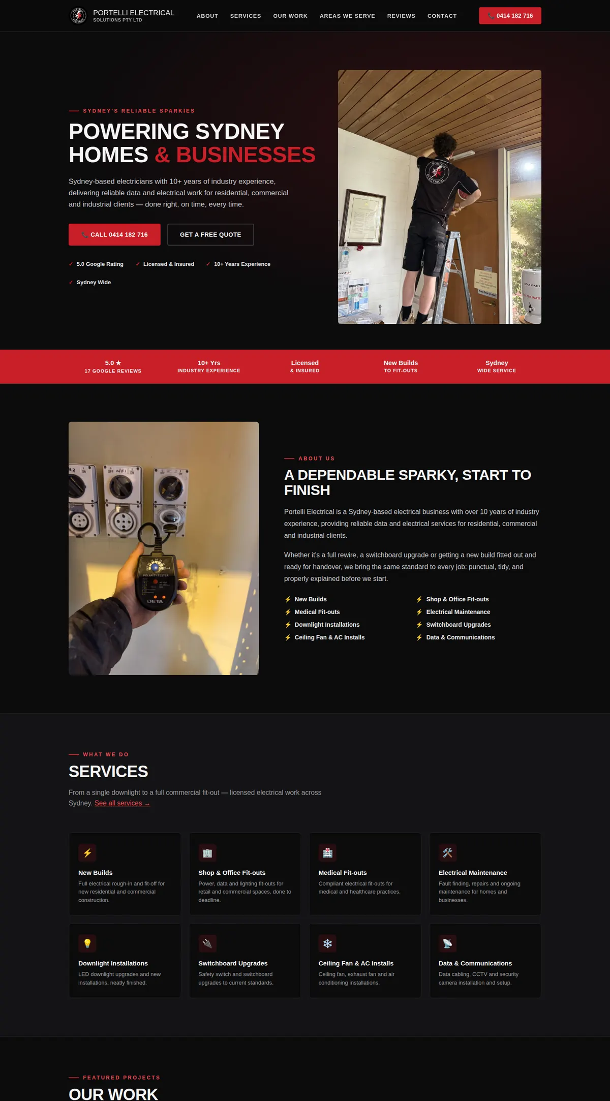 The Portelli Electrical Solutions homepage, scrolling