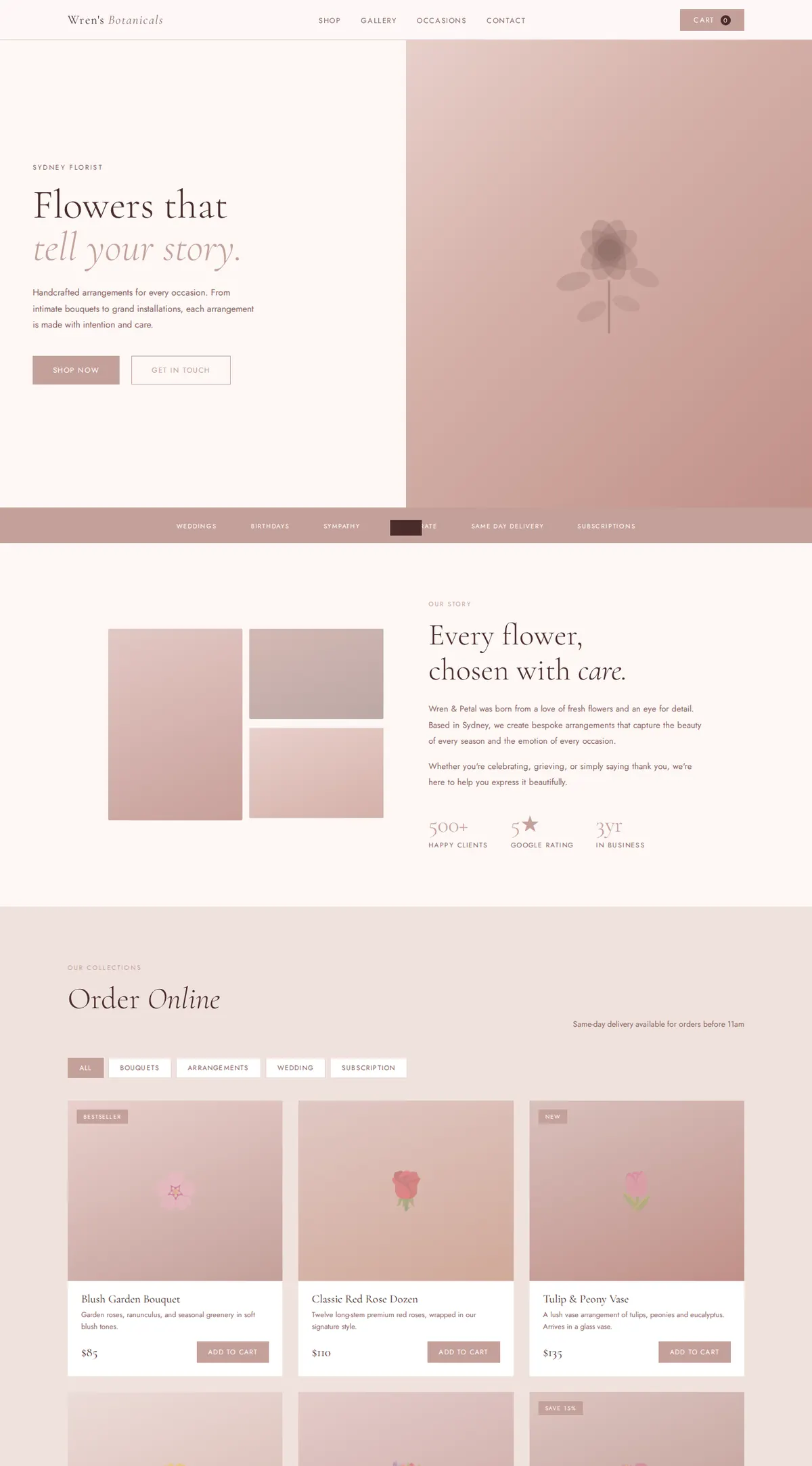 The Wren and Petal homepage, scrolling